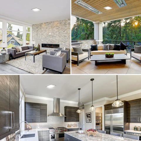 9 Inch Square LED Flush Mount Ceiling Light, Dimmable 18W, 1200 Lumens in living room, patio, and kitchen settings