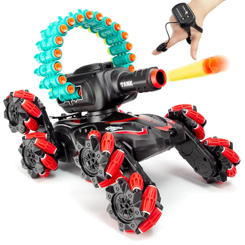 RC Stunt Remote Control Car For Kids With Gesture Control And Dual Mode Play Climbing Crawling Tank Style Battle Vehicle in red, showing watch control.