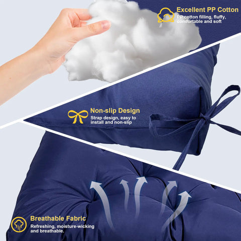 Close-up of dark blue waterproof swing cushions for outdoor furniture with cotton filling and tie-back design