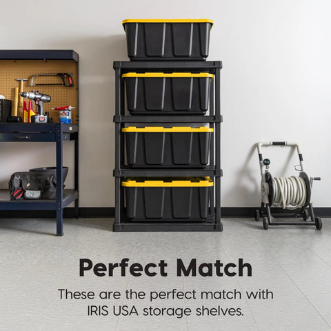 Stacked Two Pack 27 Gallon Heavy Duty Storage Bins With Lockable Lids For Truck Bed Organization in garage
