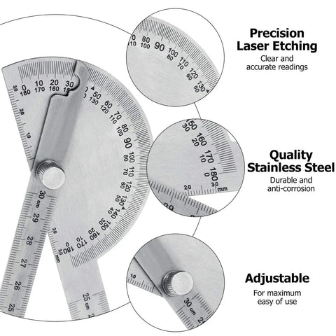 Stainless Steel 2 In 1 Ruler And Protractor For Woodworking Angles And Lengths Measuring Tool showing precision laser etching