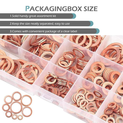 Copper Crush O Ring Washers Set 200 Pcs Metric M5 M6 M8 M10 M12 M14 Sealing Gaskets organized in a plastic box