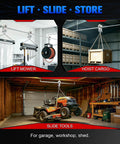 Beefy Heavy Duty Pipe Trolley For 1.37 to 2.36 Inch Round Pipes, Overhead Garage Lift in workshop with tools and cargo hoist.