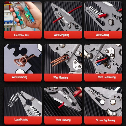 Heavy Duty 20 Function Multifunctional Wire Stripper Pliers showing multiple functions like stripping, cutting, and crimping.