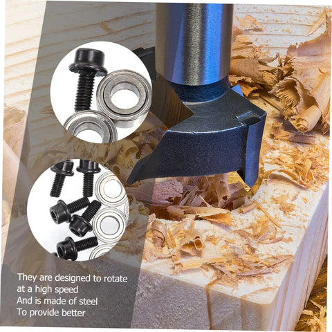 Router Bit Ball Bearings Kit With Top Mounting Bearings, Screws And Wrench For DIY Woodworking Repair, shown in use on wood