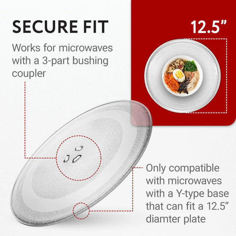 Side view of Replacement Microwave Glass Plate 12.5 Inch Clear Easy Swap for GE and Samsung Microwaves with text details.