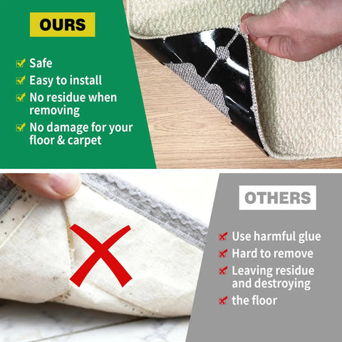 Comparison of our 16 Pack Non Slip Carpet Tape showing easy removal vs other adhesive methods on hardwood floors.