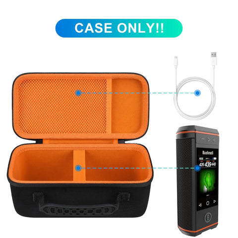 Rugged Carrying Case For Wingman HD GPS Speaker with cable organizer and accessory pouch, black and orange interior displayed.