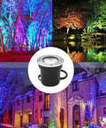 Four Pack 3W 12V RGB In Ground Landscape Lights With Remote Control IP67 Waterproof Pathway Lights illuminating trees and garden