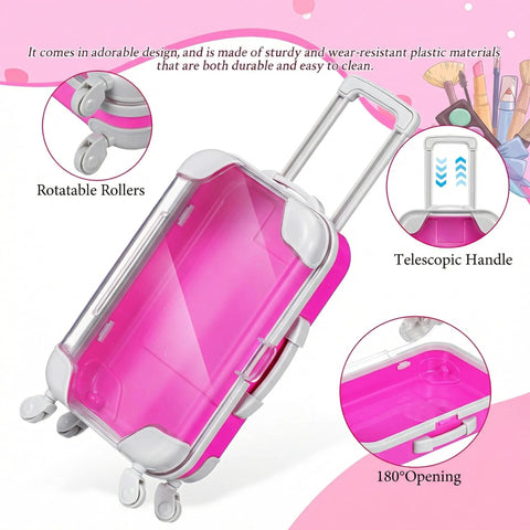 Front view of pink plastic mini suitcase party favor box with telescoping handle and four wheels