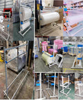 Heavy Duty Rolling Wrapping Paper Holder And Bubble Wrap Dispenser With Integrated Cutter And Smooth 360 Degree Swivel Casters Plus Lockable Wheels For Rock Solid Stability To Make Packin A Total Breeze In The Workspace displayed in various angles in a warehouse.