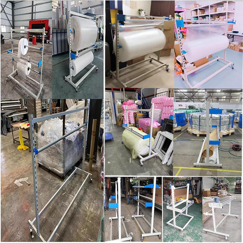 Heavy Duty Rolling Wrapping Paper Holder And Bubble Wrap Dispenser With Integrated Cutter And Smooth 360 Degree Swivel Casters Plus Lockable Wheels For Rock Solid Stability To Make Packin A Total Breeze In The Workspace displayed in various angles in a warehouse.