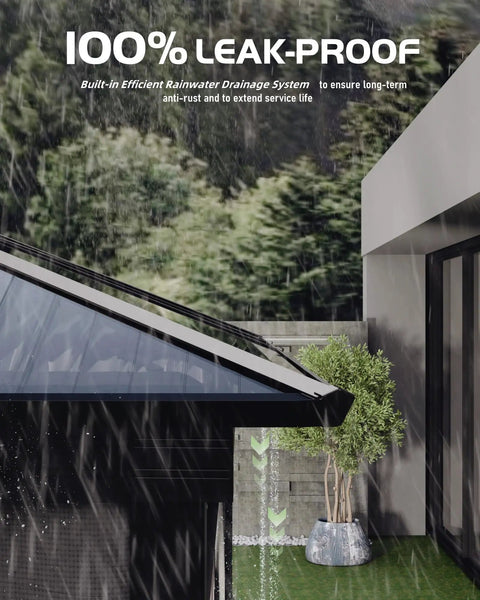 All Weather 12x16 Ft Hardtop Gazebo With Aluminum Frame And Double Polycarbonate Roof in rain, showcasing drainage system.