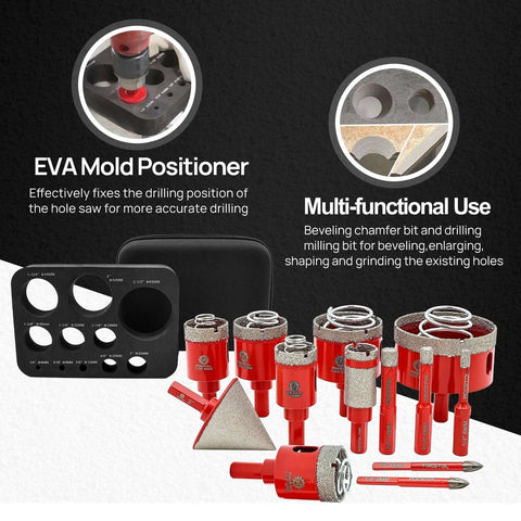 FOCSTOL diamond hole saw kit for porcelain tile; red-coated drill bits and milling bits in a black case (13 pcs)