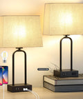 Must-Have Set Of 2 Modern Touch Lamps With Dual USB Ports And AC Outlet, 3-Way Dimmable Black Desk Lamps, cream fabric shades