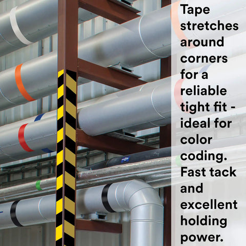 Industrial pipes with color-coded Vinyl Tape 764 General Purpose 2 In By 36 Yd Yellow Roll for safety and color coding.