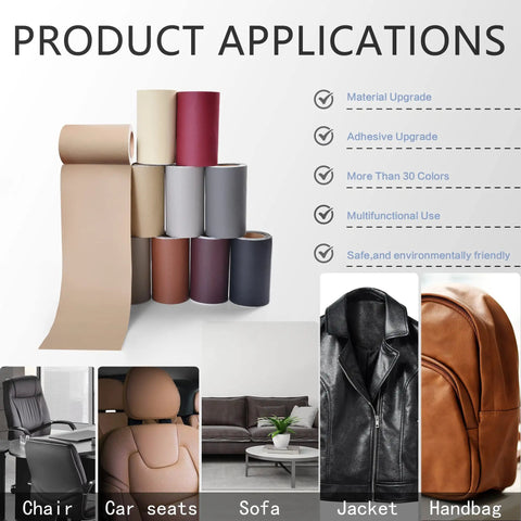 Leather Repair Patch For Furniture Self Adhesive 4 Inch By 63 Inch Vinyl Repair Tape For Car Seats Sofas Couches Chairs Beige Quick Fix Easy DIY Patch Kit, shown in various colors with application examples on furniture and accessories.