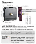Battery Operated Clock Mechanism Replacement Kit dimensions overview with scale and shaft measurements, silent quartz movement.