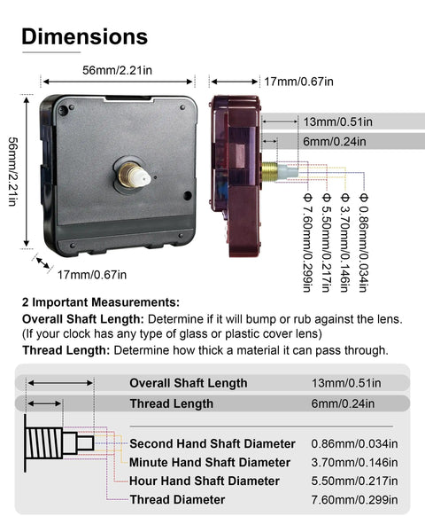 Battery Operated Clock Mechanism Replacement Kit dimensions overview with scale and shaft measurements, silent quartz movement.