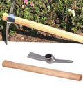 Hand Mattock Pick Axe Seventeen Point Seven Inch Garden Tool with beech wood handle and stainless tines, dismantled parts displayed.