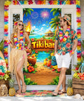 Luau Party Door Cover 71 By 35 Inch Tiki Bar Beach Banner With Tropical Cocktails Tiki Torches Palm Trees Flowers Ocean View Island Hut Backdrop Installed