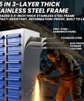 75 Drawer Nut And Bolt Storage Organizer With Anti Drop Design, stainless steel frame, ABS drawers, worker using a grinder.