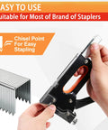 Kickass Pro Grade T50 Staple Gun Staples For Upholstery And Furniture Repair Features Five Assorted Sizes With Heavy Duty Galvanized Steel, showing a stapler and staples.