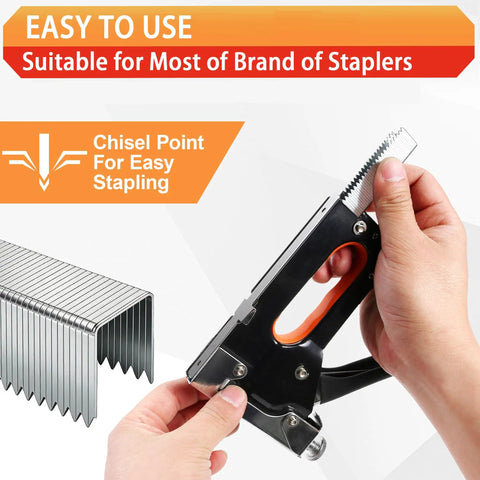 Kickass Pro Grade T50 Staple Gun Staples For Upholstery And Furniture Repair Features Five Assorted Sizes With Heavy Duty Galvanized Steel, showing a stapler and staples.