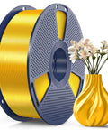 Silk PLA Filament 1.75mm For 3D Printers, Ultra Gloss Silk Finish, shown with a 1Kg Spool in Silk Light Gold and printed vase