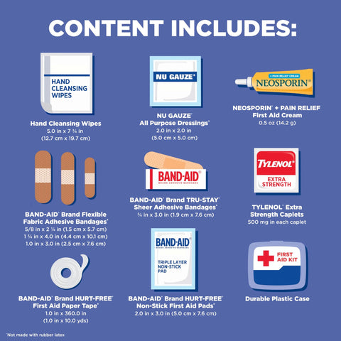 Front view of BAND-AID Travel Ready Emergency First Aid Kit contents on blue background: bandages, wipes, cream, tape, case.