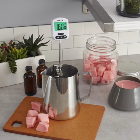 Programmable Digital Candy And Deep Fry Thermometer with Green Light Alert in metal pot melting sugar, 9in stem, kitchen setup