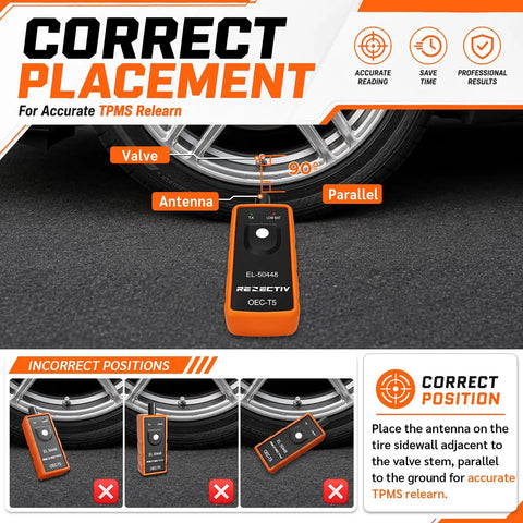 2026 Latest TPMS Relearn Kit With Fresh Battery Fits Chevy Buick Cadillac GMC Tire Pressure Reset Tool showing correct placement for accurate TPMS relearn.