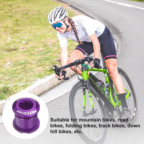 Cyclist on road bike with purple chainring bolt inset, 5 Piece M8 Aluminum Alloy Double Chain Ring Bolts Set For Crankset Nuts And Chainwheel Screws