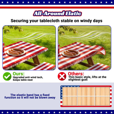 All American Patriotic Picnic Table Cover Set With Bench Covers American Flag Waterproof Windproof Fitted Tablecloth Elastic 72x30 Inch Table Cover For 4th Of July And 250th Anniversary Outdoor Camping Memorial Day Decor showing anti-wind features.