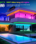 Ultra Bright 100 Ft RGB LED Light Strip With Bluetooth App Control illuminating modern house exterior