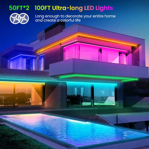 Ultra Bright 100 Ft RGB LED Light Strip With Bluetooth App Control illuminating modern house exterior
