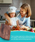 Wooden cutting board, laser-engraved with wreath motif, brown wood; kitchen scene with mother and daughter cooking.