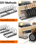Zero Hassle Expandable Pot And Pan Lid Organizer Rack For Kitchen Cabinets showing two methods for organizing cookware with lids.