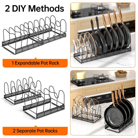Zero Hassle Expandable Pot And Pan Lid Organizer Rack For Kitchen Cabinets showing two methods for organizing cookware with lids.
