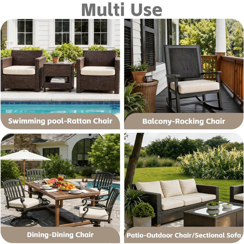 Collage of Cozy Outdoor Chair Cushions Set Of 4 20 By 20 Inches Square Seat Pads With Ties And YKK Zippers in different settings