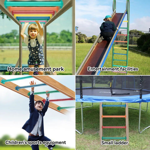 Child playing on 16 Inch 7 Color Steel Monkey Bars Set For Backyards And Playgrounds, Indoor Outdoor Climbing Kit For Kids, Durable Ladder Rungs