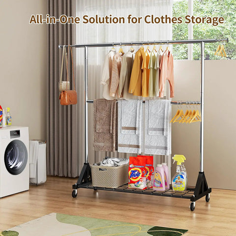Rock Solid Heavy Duty Clothes Rack With Lockable Wheels And 600 Pound Load Capacity Rust Proof Metal Frame Rolling Wardrobe Stand For House Essentials