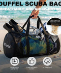 100L Duffel Scuba Bag for Diving and Watersports on beach, mesh tote with fins, mask, quick-drying, space-saving design.