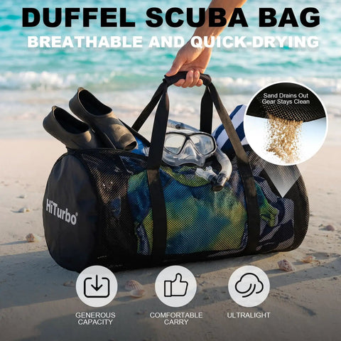 100L Duffel Scuba Bag for Diving and Watersports on beach, mesh tote with fins, mask, quick-drying, space-saving design.