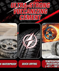 Ultra-strong vulcanizing cement for tire repair; includes waterproof, quick drying, and temperature resistance features.