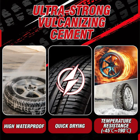 Ultra-strong vulcanizing cement for tire repair; includes waterproof, quick drying, and temperature resistance features.