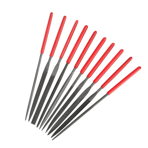 Ten Piece Needle File Set With Pro Grade Hardened Alloy Steel Mini Files laid out with red handles visible, ideal for metal shaping