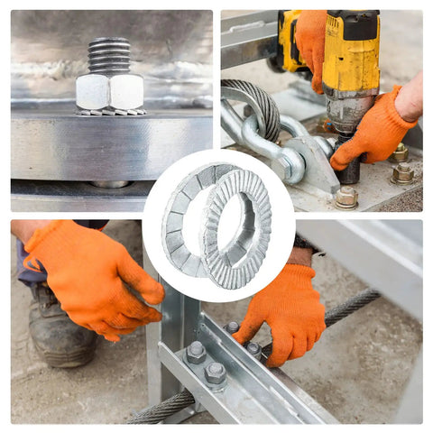 Tough As Nails 40 Pack Wedge Locking Washers For 3/8 Inch Bolts Heavy Duty Manganese Steel Fasteners shown with bolts and tools in use.