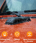 Hood Stop Bumpers and Windshield Rest Kit in rain on red car, showing waterproof feature and protection qualities.