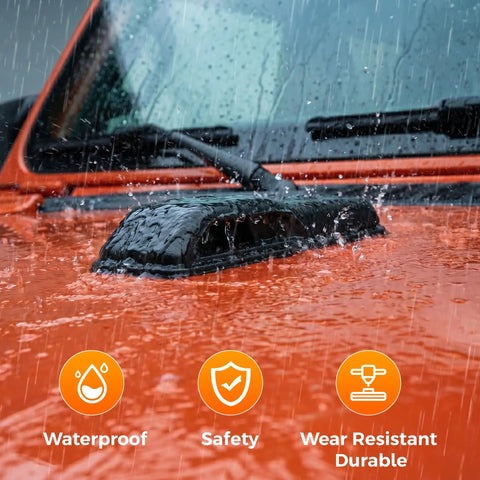Hood Stop Bumpers and Windshield Rest Kit in rain on red car, showing waterproof feature and protection qualities.